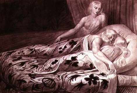 'Har and Heva sleeping while Mnetha looks on' van William Blake